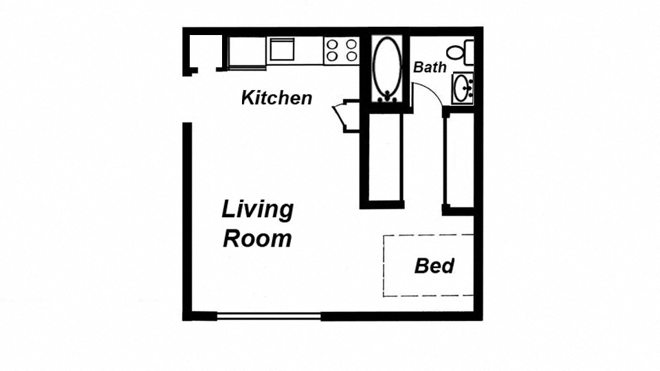 Floor plan for studio, 1 bath, 361 sqft